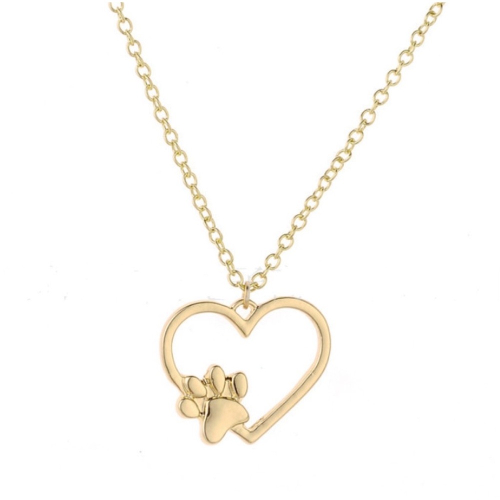 Gold Puppy Lovers Dog Paw Heart Charm Necklace